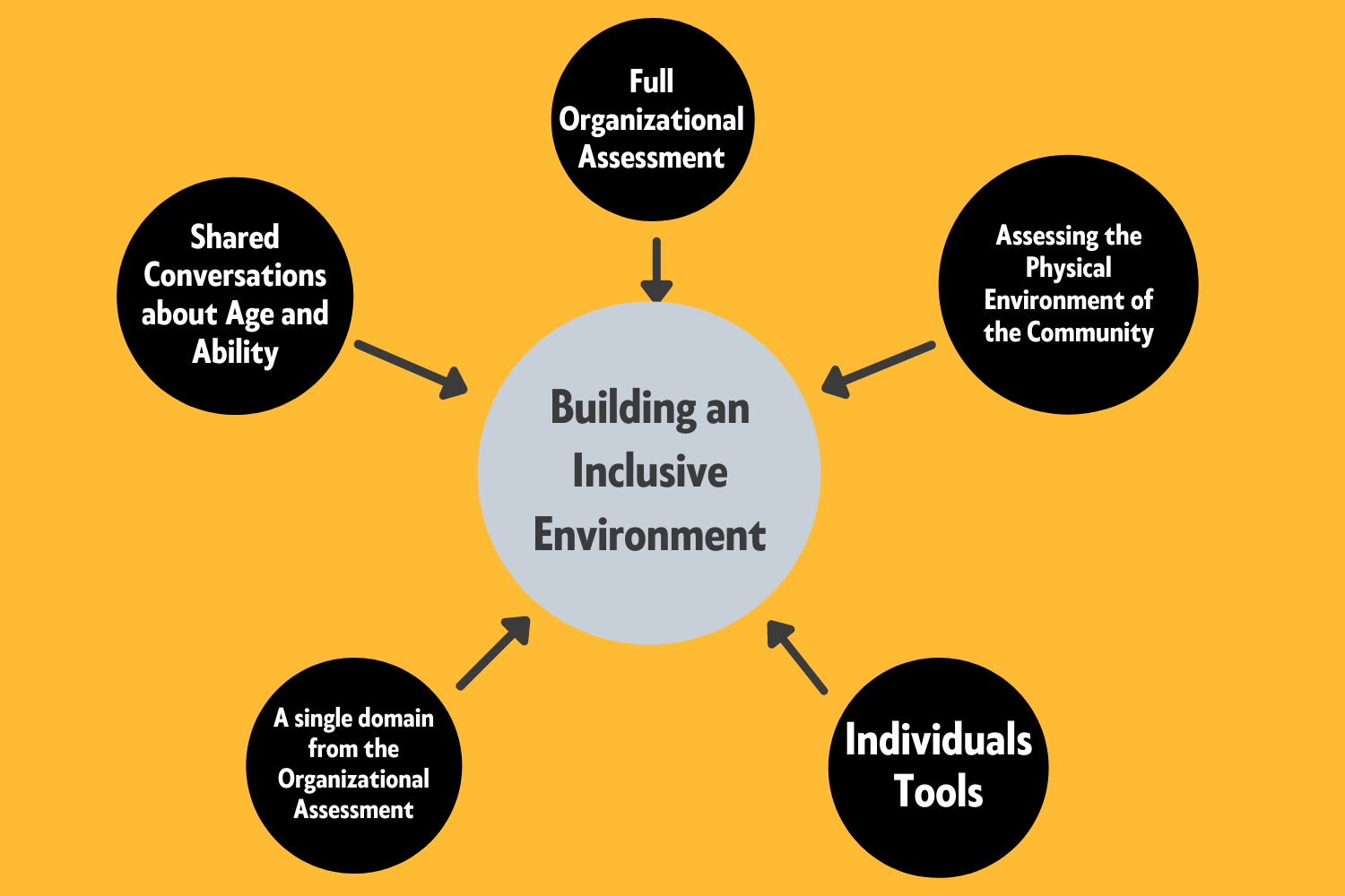 Get started building an inclusive environment with all of or a domain of the Organizational Assessment, Assessing the Physical Environment, Shared Conversations about Age and Ability, or Individual Tools